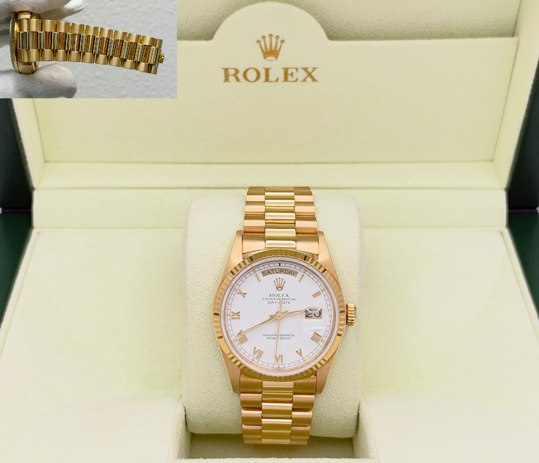 Rolex Day Date President 18038 36mm Quickset White Roman Dial 18k Yellow Gold