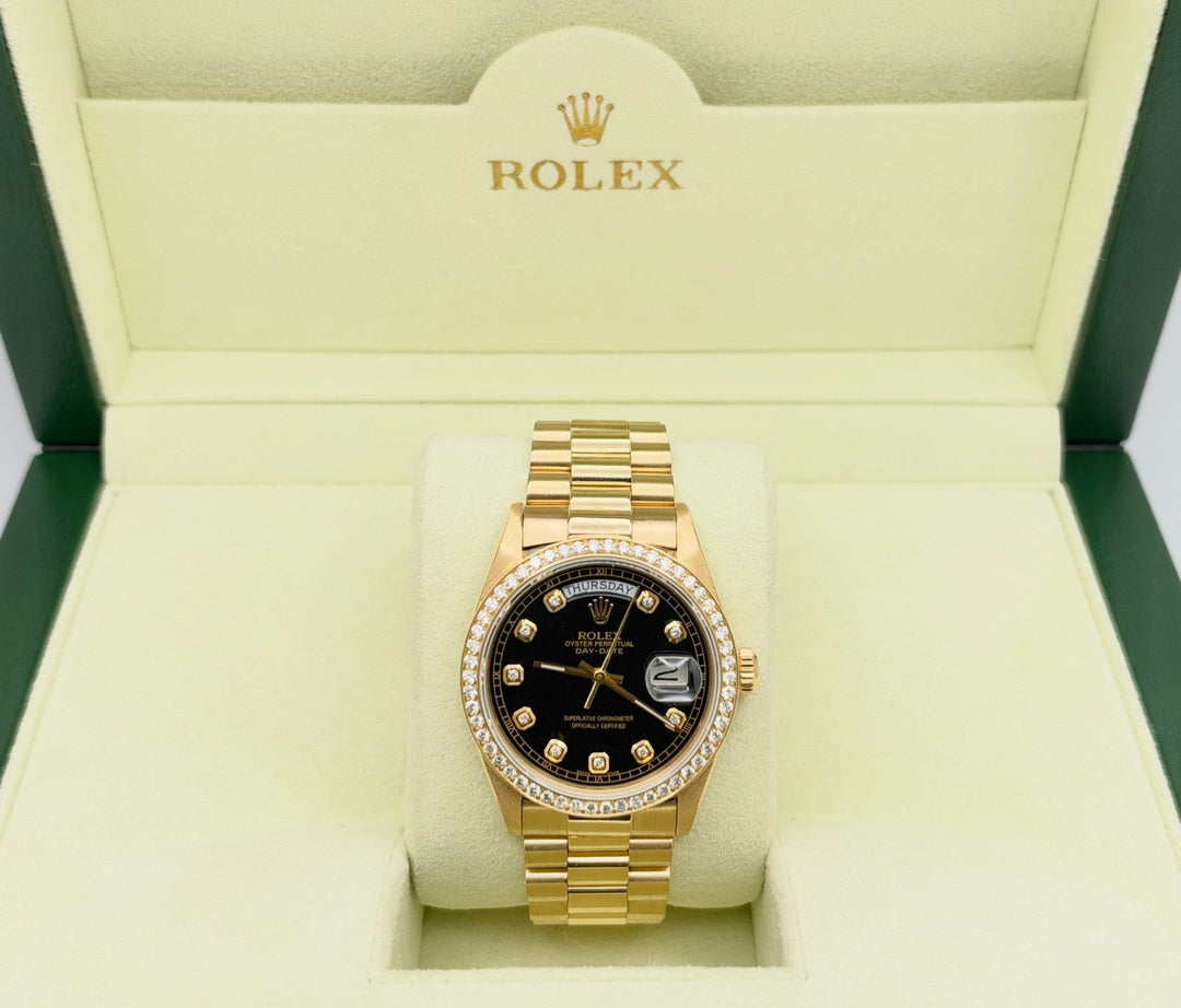 Rolex Day Date President 18038 36mm Quickset Black Diamond Dial & Bezel 18K Gold