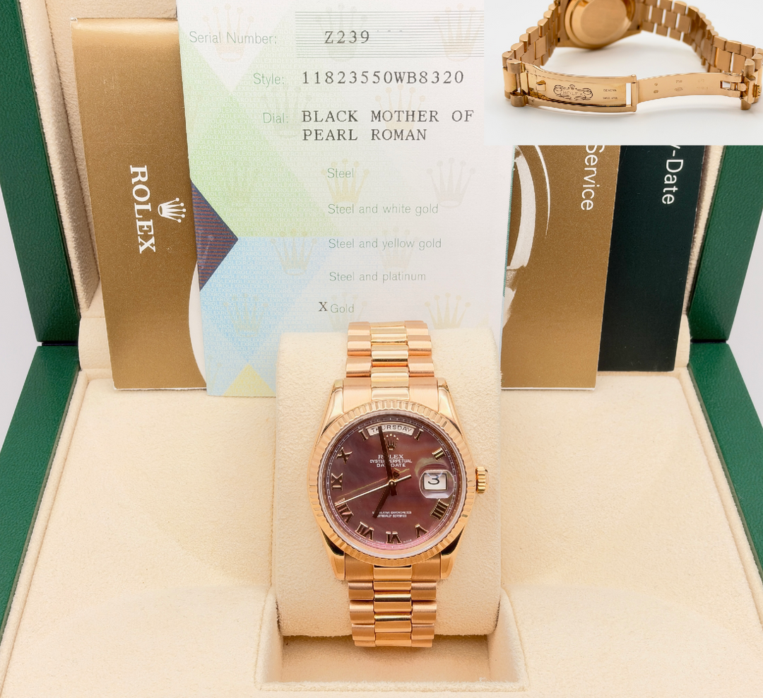 Rolex 118235 President Day Date Tahitian Mother Of Pearl 18K Rose Gold Box Paper
