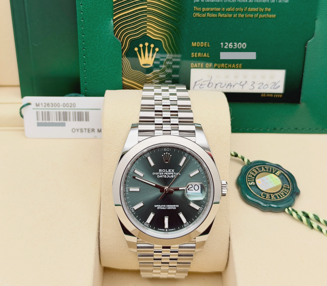 2026 Rolex Datejust 41 126300 Mint Green Dial Stainless Steel Jubilee Box Paper