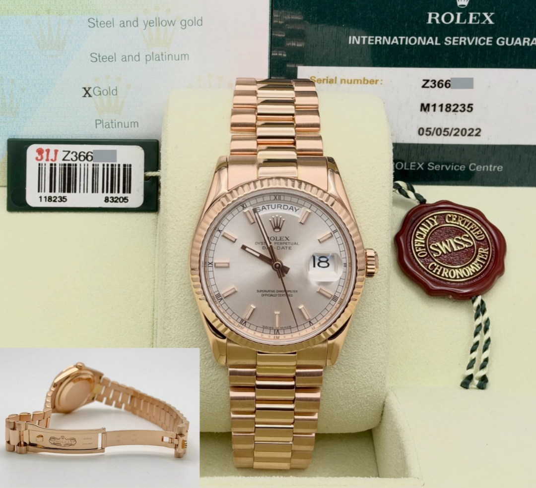 2007 Rolex President Day Date 118235 36mm Silver Dial 18K Rose Gold Box Papers