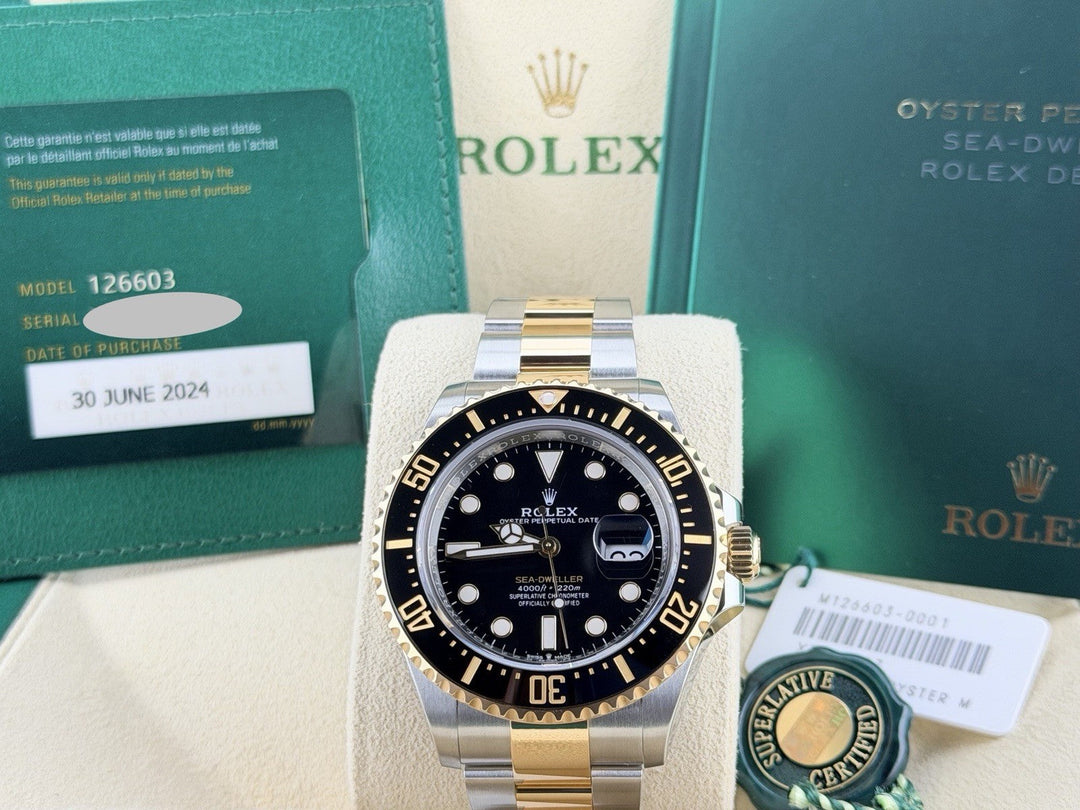 2024 Rolex Sea Dweller 126603 43mm Black Dial Ceramic 18k Gold Steel Box Paper