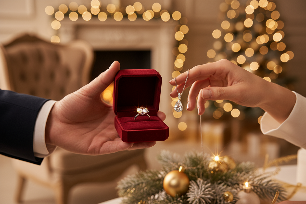 christmas jewelry gift for the holidays. Sparking diamonds from a gentalmen to his finace
